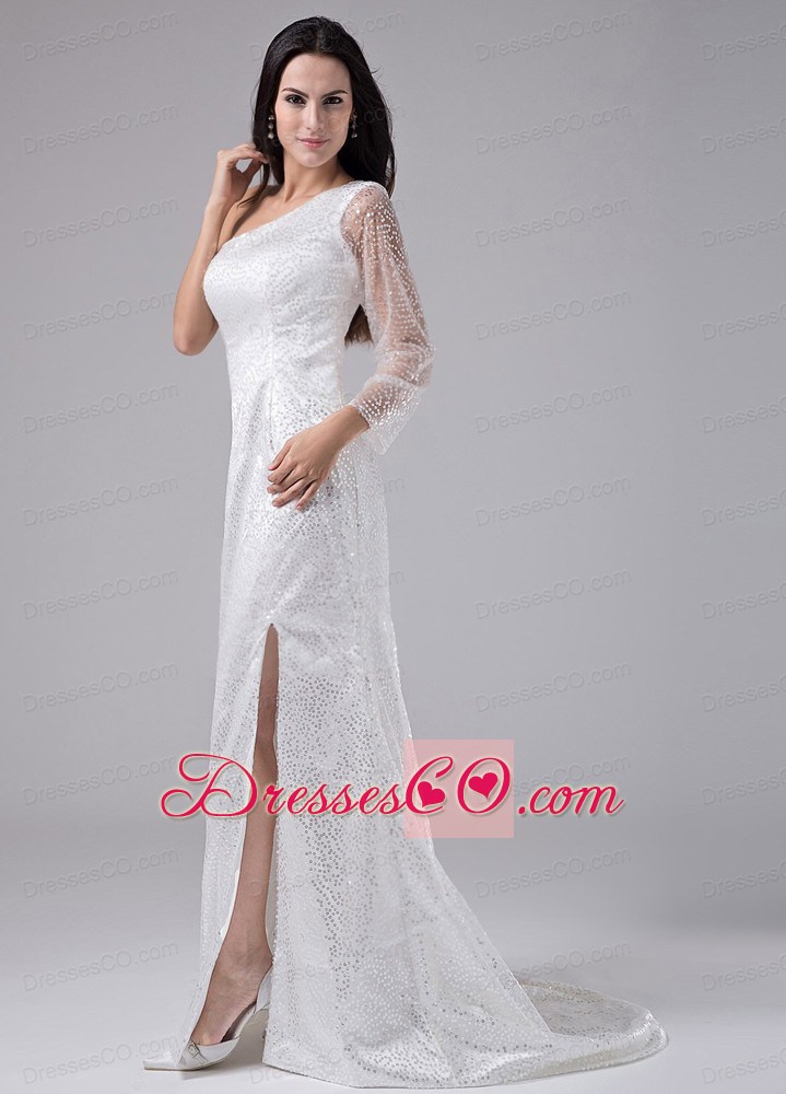 High Slit Sequins One Shoulder Brush/Sweep Column Prom Dress White