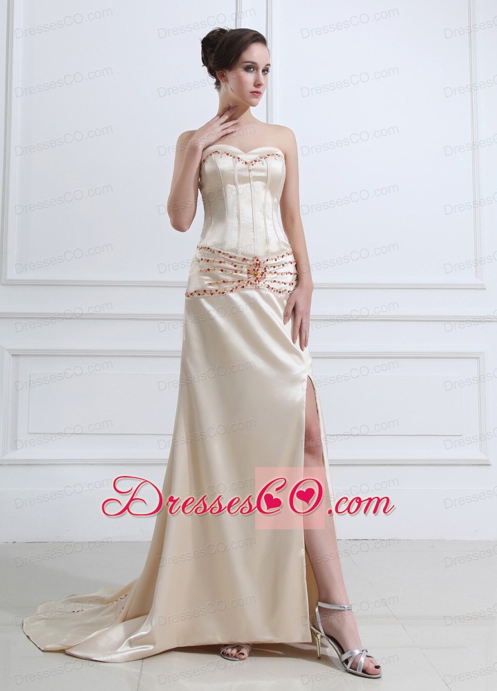 Champagne Prom / Evening Dress With Beaded High Slit Court Train Elastic Woven Satin Sweetheart