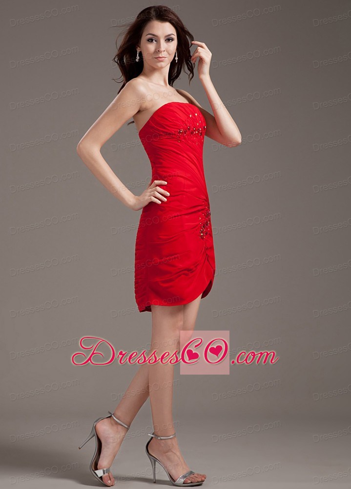 Beading Decorate Bodice Strapless Red Chiffon Mini-length Prom Dress