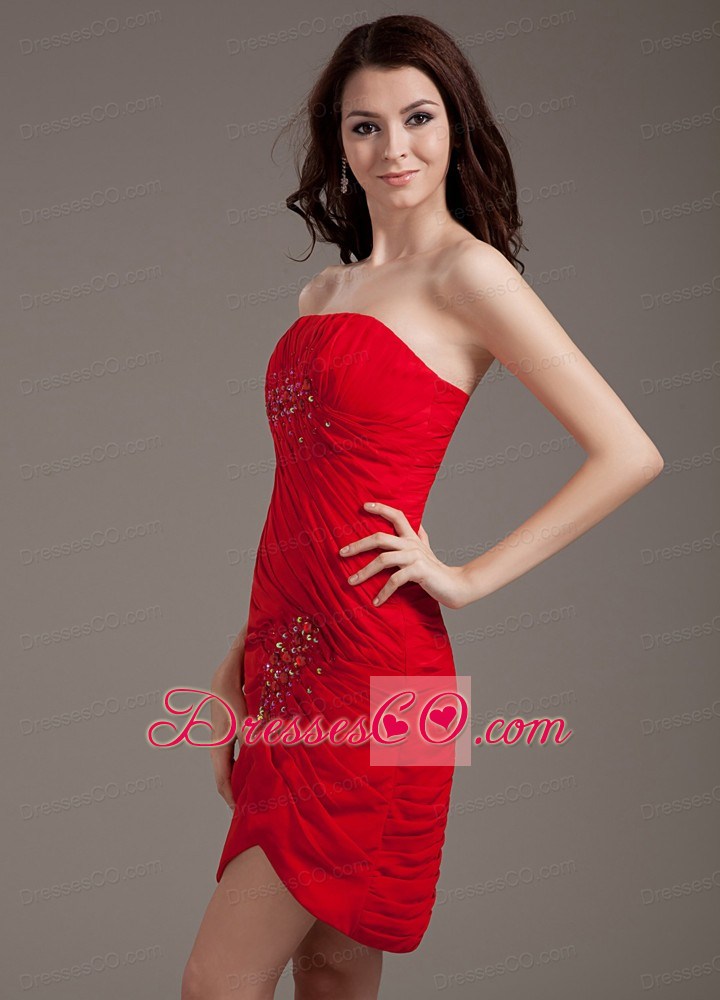 Beading Decorate Bodice Strapless Red Chiffon Mini-length Prom Dress