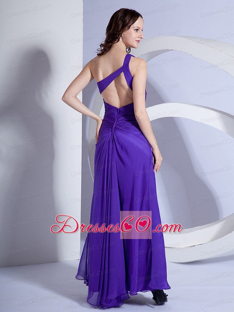 One Shoulder and Beading Ruched For Purple Prom Dress