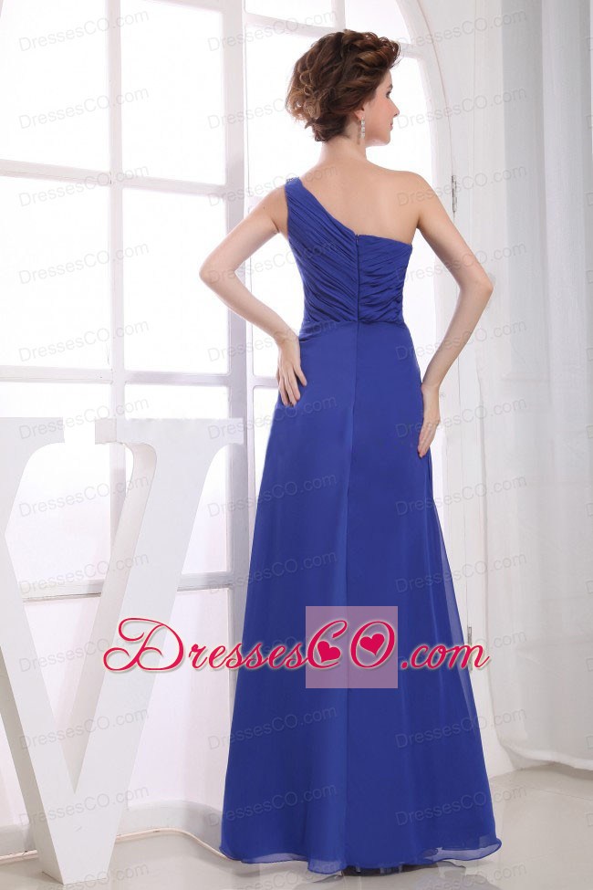 Beading Decorate Bodice High Slit One Shoulder Ankle-length Blue Chiffon Prom Dress