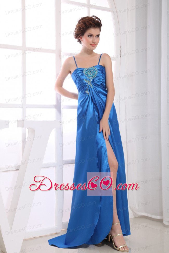 Royal Blue Prom / Evening Dress With Spaghetti Straps Appliques and Beading High Slit