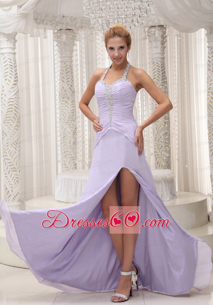 Beaded Decorate Halter Ruched Bodice Lilac High Slit Prom / Evening Dress Chiffon