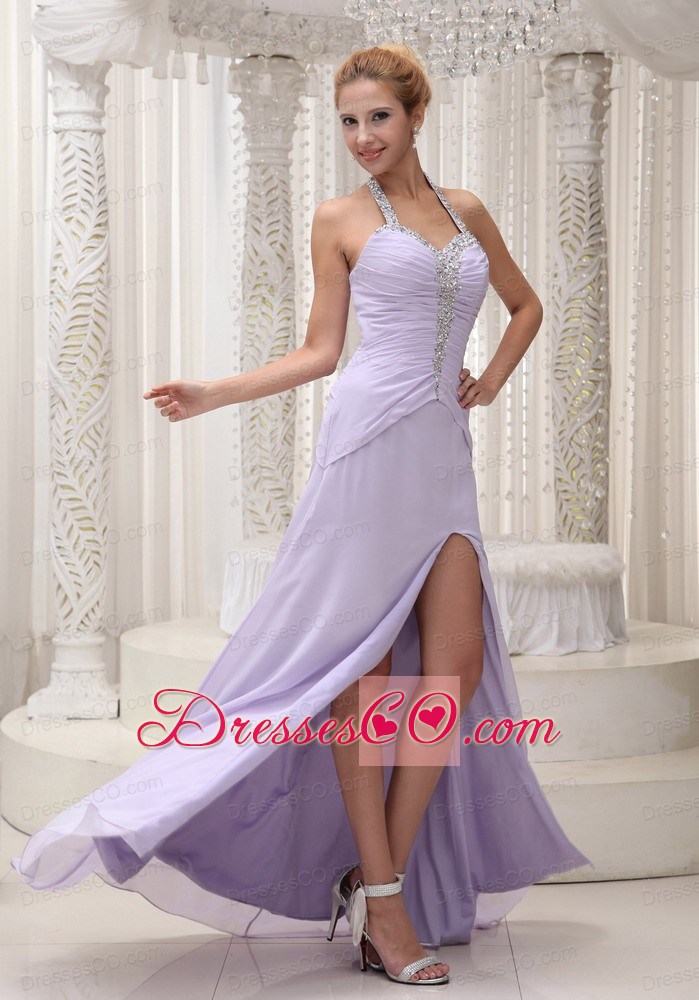 Beaded Decorate Halter Ruched Bodice Lilac High Slit Prom / Evening Dress Chiffon