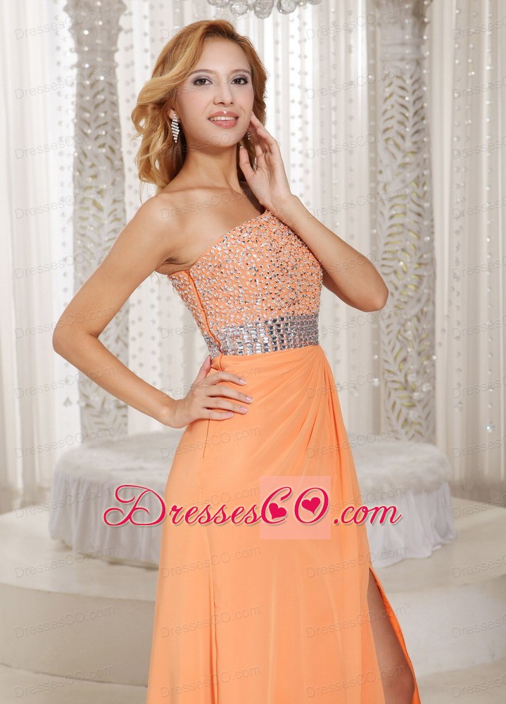 High Slit One Shoulder Zipper Orange With Beaded Decorate Bust Evening Dress Party Style