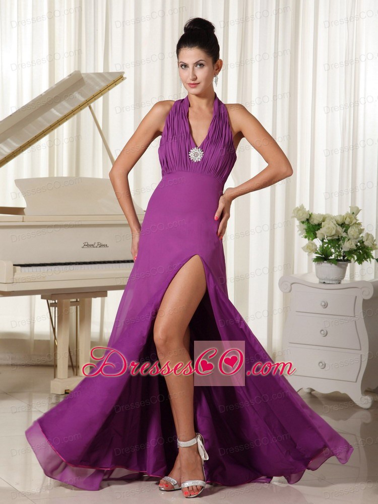Halter High Slit Ruched Bodice Purple Homecoming Dress Long