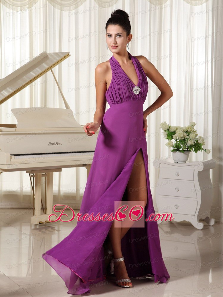 Halter High Slit Ruched Bodice Purple Homecoming Dress Long