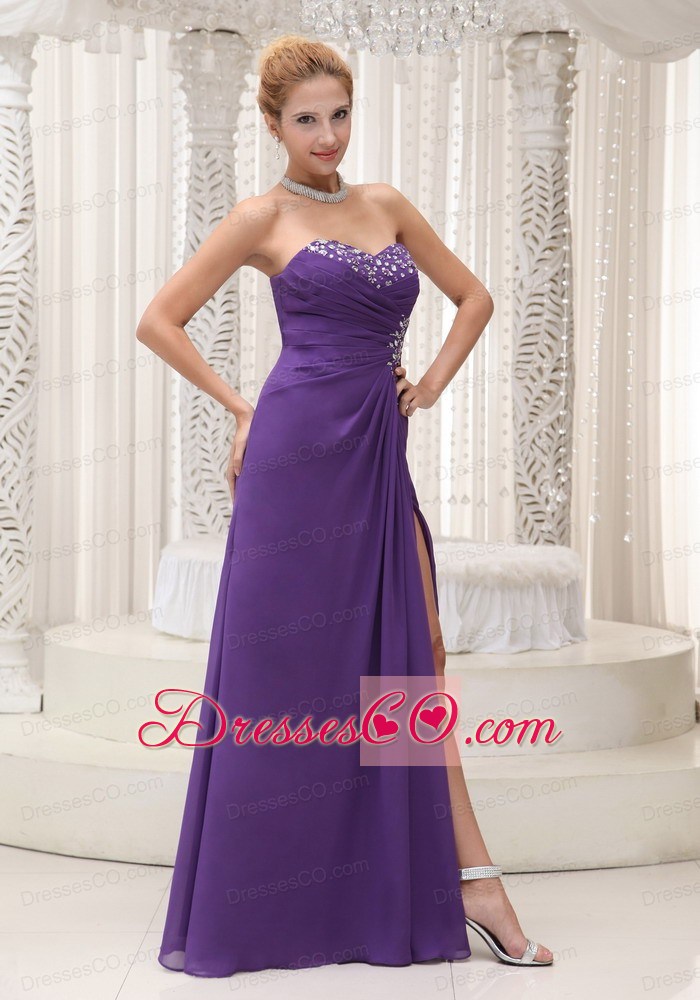 High Slit Beaded Decorate Neckline Chiffon For Purple Prom / Evening 2013