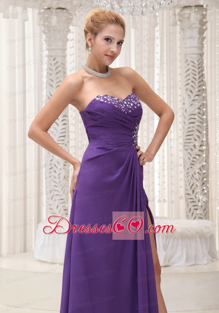 High Slit Beaded Decorate Neckline Chiffon For Purple Prom / Evening 2013