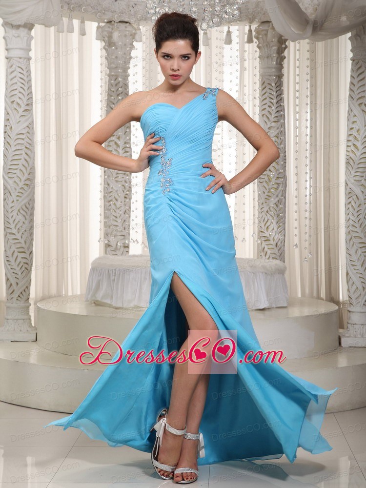 Aqua Column One Shoulder Long Chiffon Beading Prom Dress