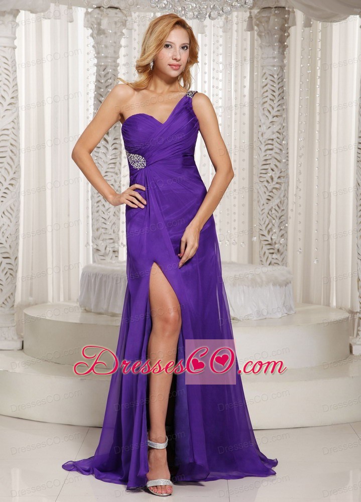 Purple High Slit One Shoulder Prom Celebrity Dress With Brush Train Beading and Ruching