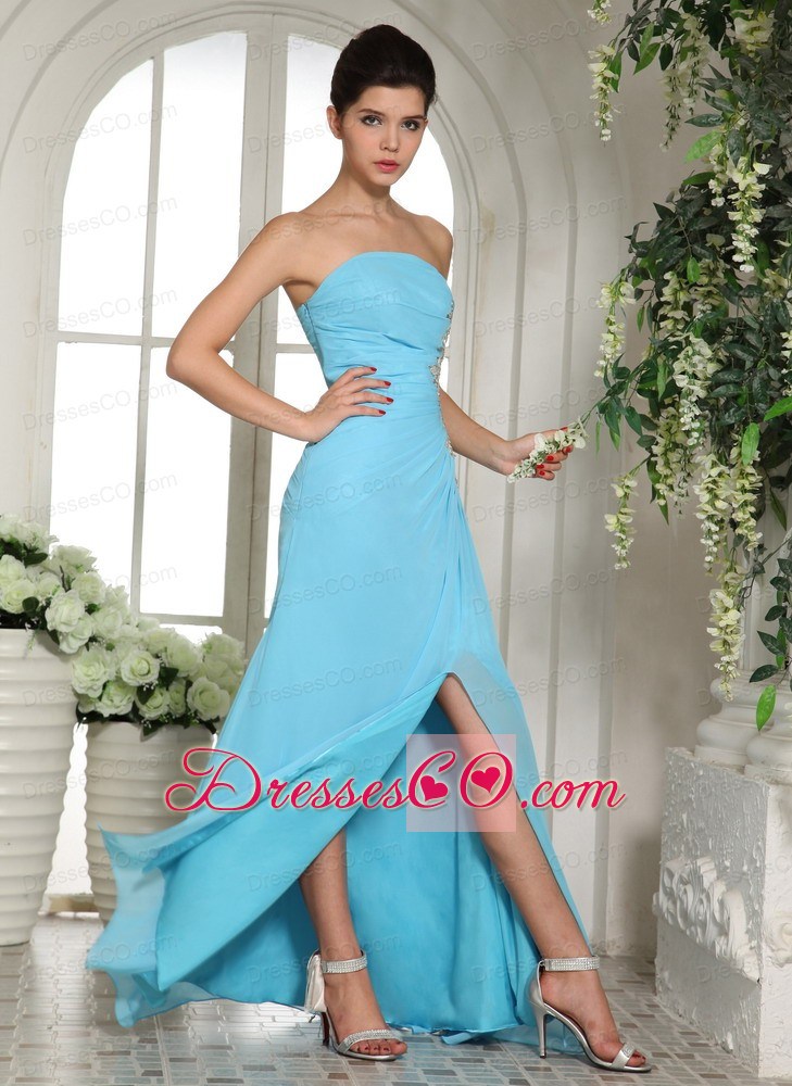 Empire High Slit Baby Blue Prom Dress With Ruching and Appliques