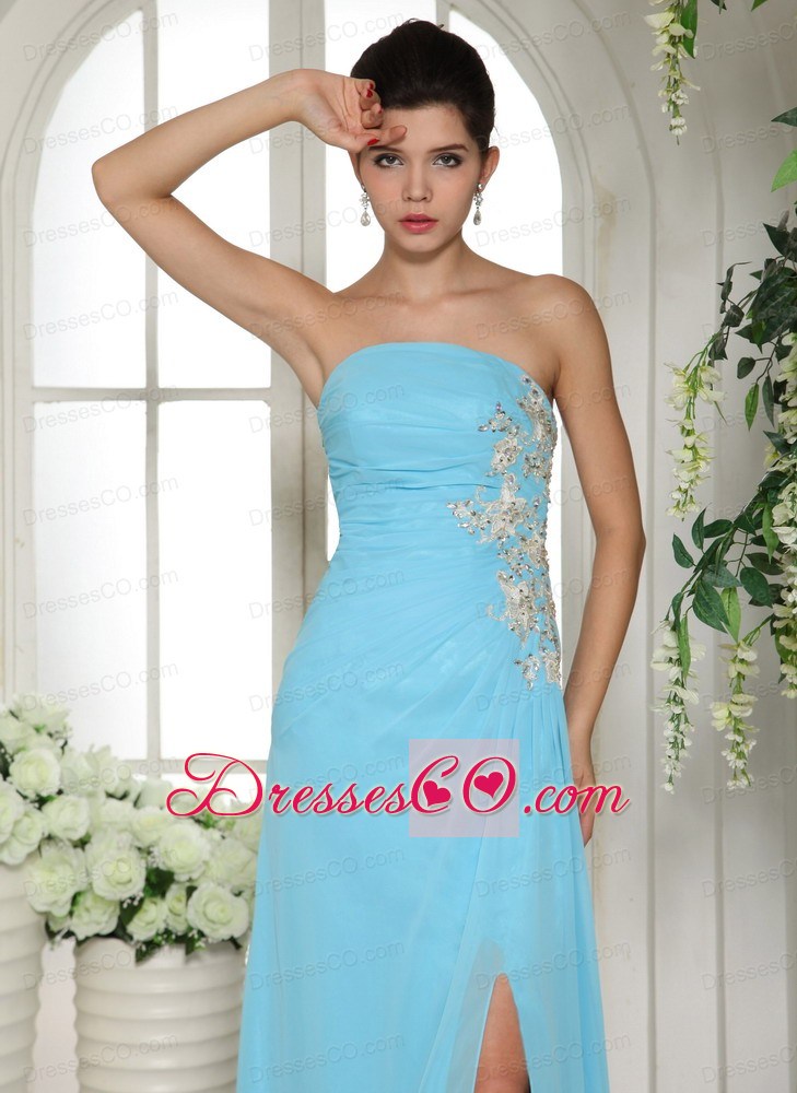 Empire High Slit Baby Blue Prom Dress With Ruching and Appliques
