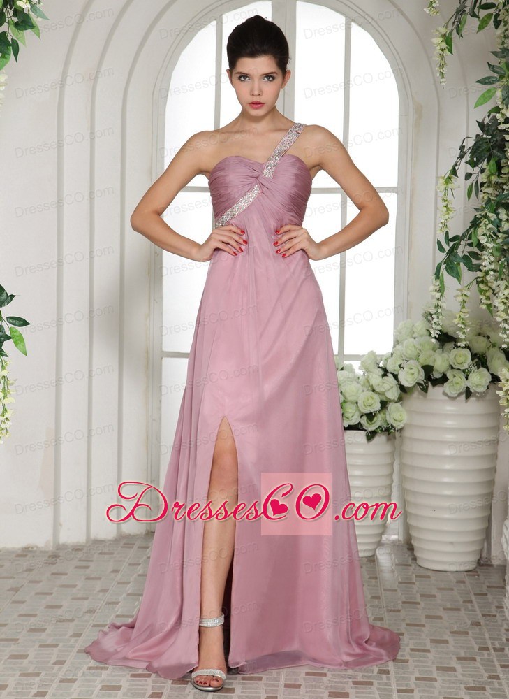 One Shoulder High Slit Rose Pink Prom Dress With Ruching and Beading