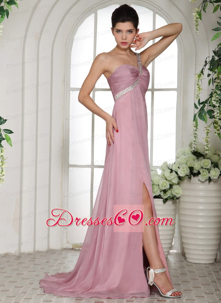 One Shoulder High Slit Rose Pink Prom Dress With Ruching and Beading