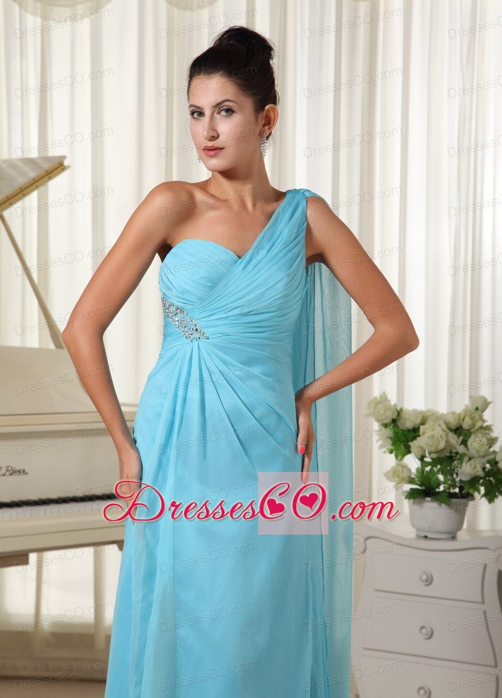 High Slit Aqua Blue Prom Dress One Shoulder Chiffon Watteau Train
