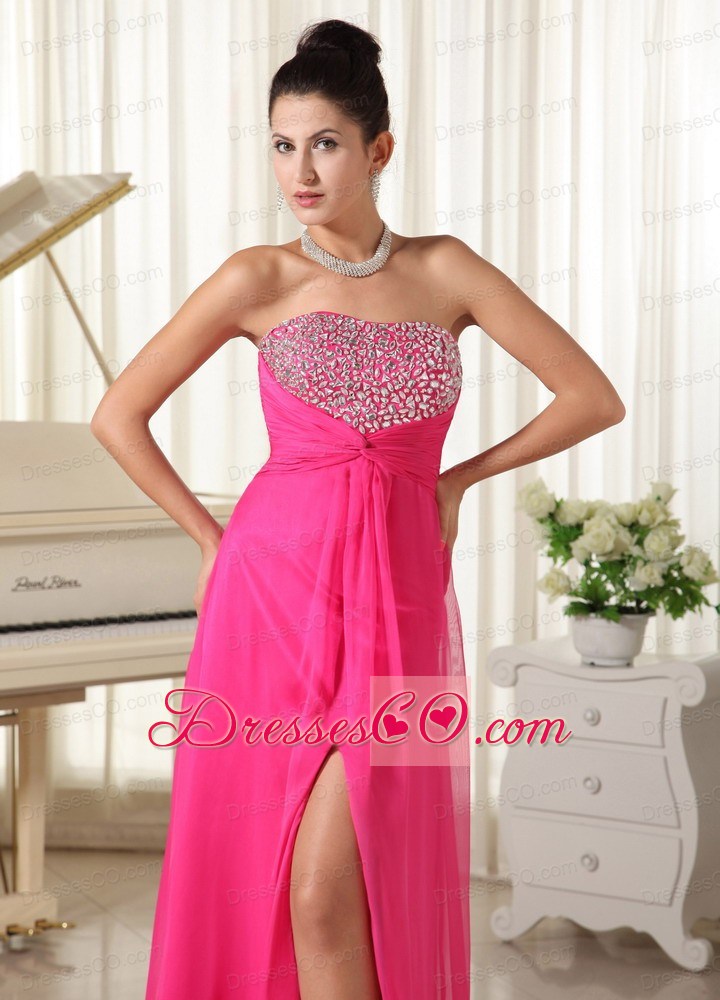 High Slit Strapless and Beaded Decorate Bust Hot Pink Prom Dress