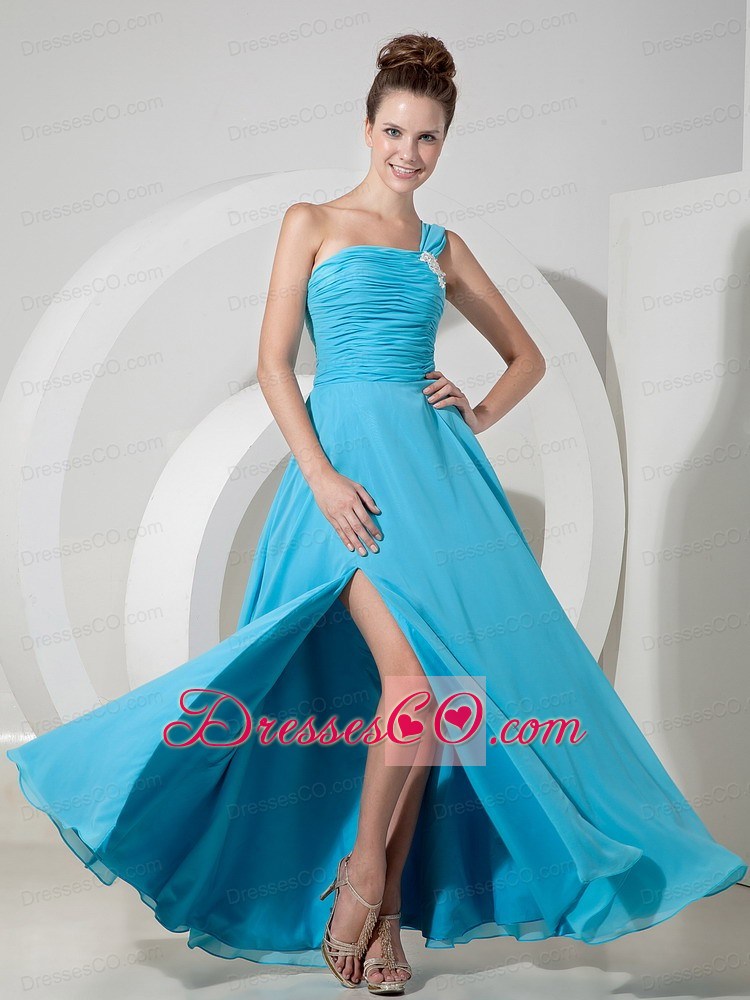Exquisite Aque Blue One Shoulder Chiffon Prom Dress