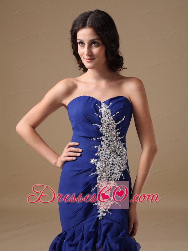 Blue Mermaid Brush Train Chiffon Beading Prom Dress