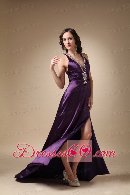 Eggplant Puprle Column V-neck Brush Train Taffeta Beading Prom / Evening Dress