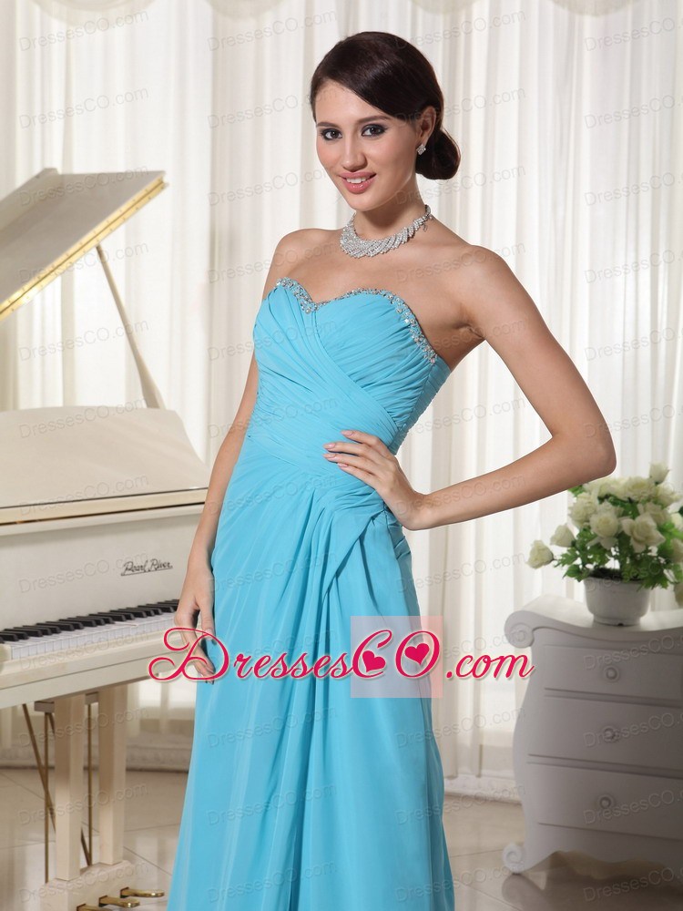 Aqua Blue High Slit Prom Party Dress With Beading Decorated and Ruching Brush Train