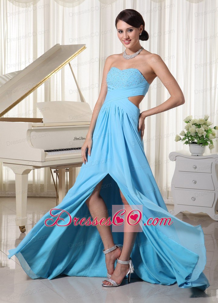 Aqua Blue High Slit Beaded Decorate Bust Prom Dress For Custom Made Chiffon Brush Train