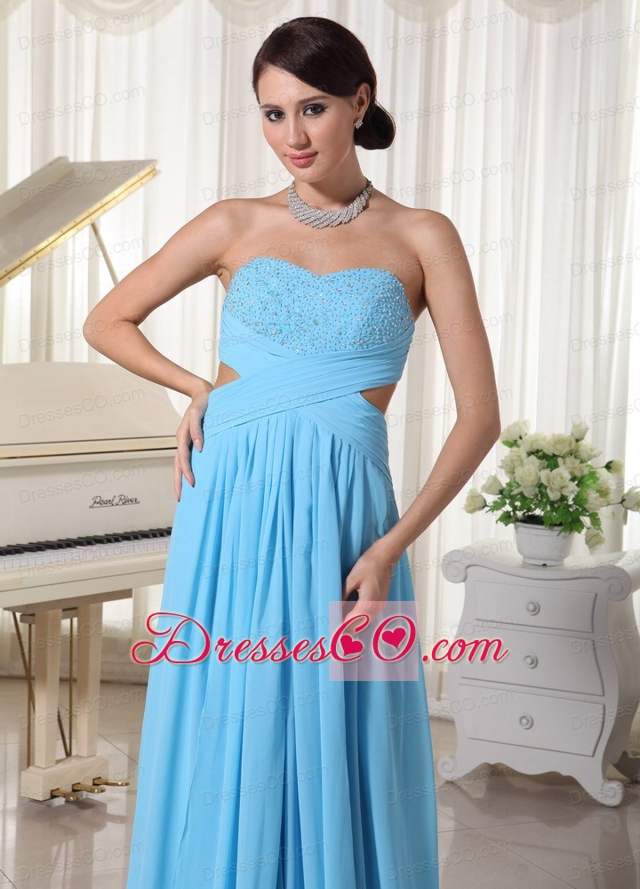 Aqua Blue High Slit Beaded Decorate Bust Prom Dress For Custom Made Chiffon Brush Train