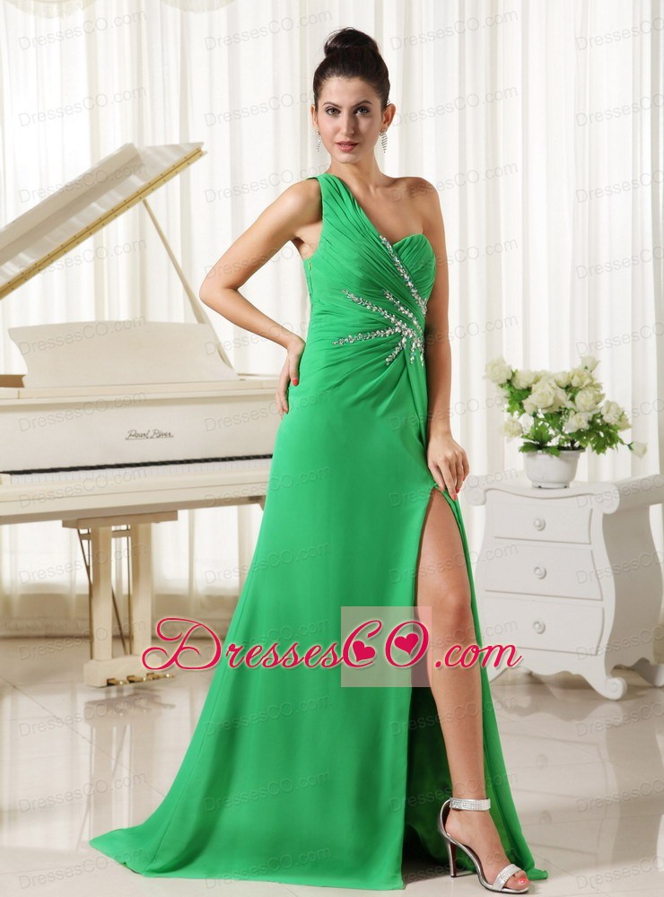 One Shoulder High Slit Homecoming Dress Spring Green Ruched and Beading Bodice