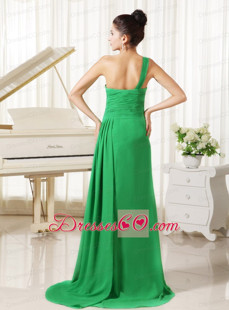 One Shoulder High Slit Homecoming Dress Spring Green Ruched and Beading Bodice