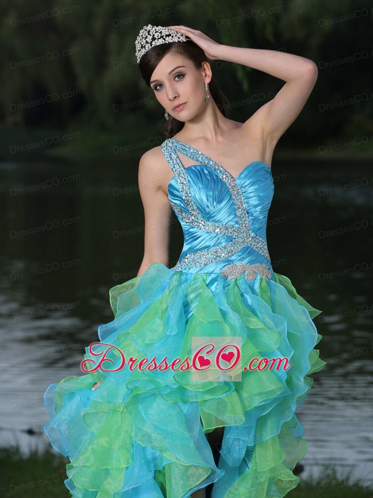 High-low Multi-color Evening Dress In Graduation Party With Ruffles One Shoulder Beaded Decorate