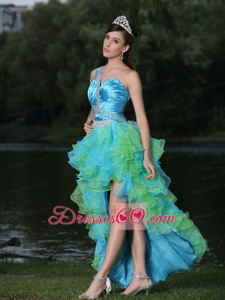 High-low Multi-color Evening Dress In Graduation Party With Ruffles One Shoulder Beaded Decorate
