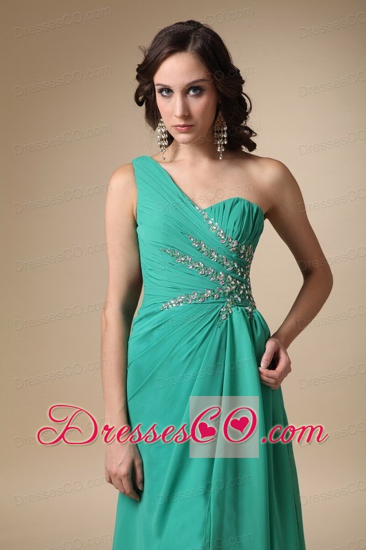 Turquoise Empire One Shoulder Brush Train Chiffon and Elastic Woven Satin Beading Prom Dress