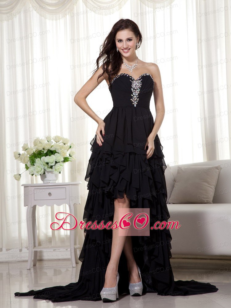 Black A-line High-low Chiffon Beading Prom Dress