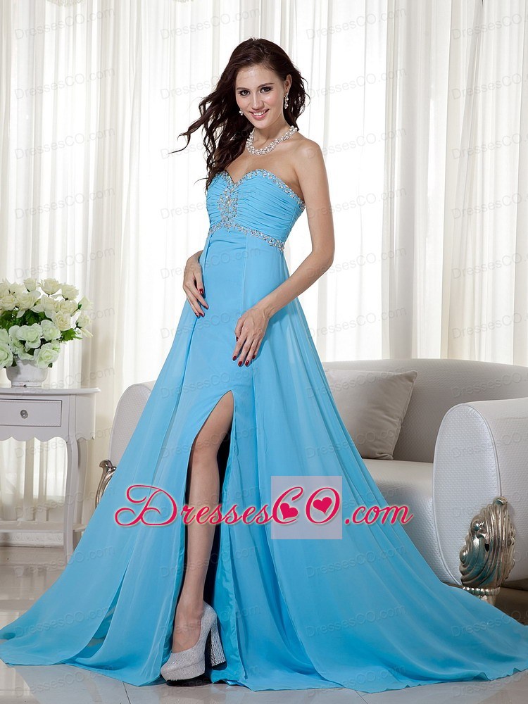Baby Blue Empire Brush Train Chiffon Beading and Ruching Prom / Celebrity Dress