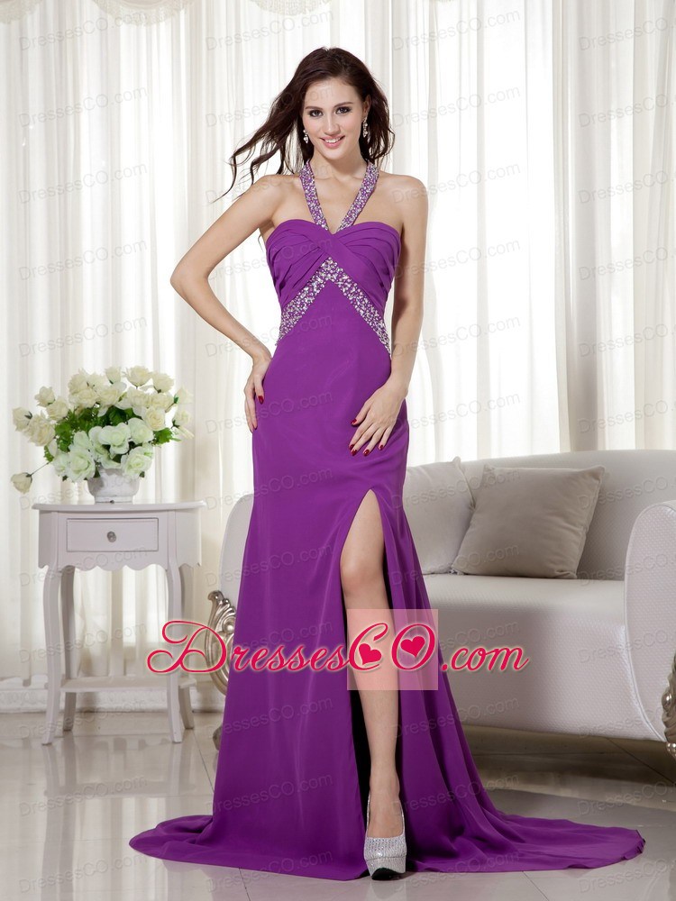 Purple Column Halter Brush Train Chiffon Beading and Ruching Prom / Celebrity Dress