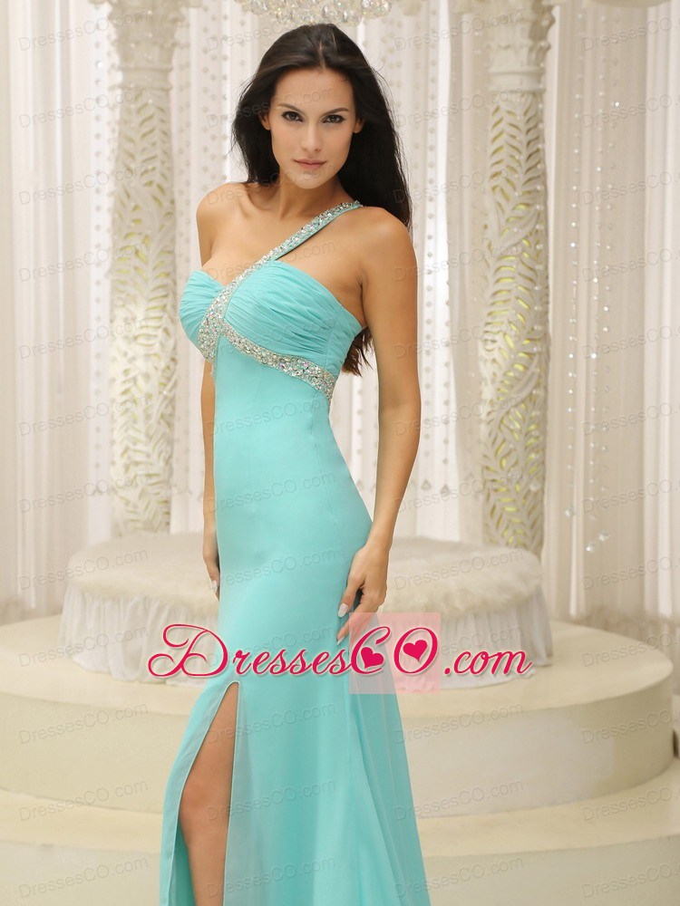 Beaded Decorate One Shoulder Ruched Bodice High Slit For Prom Dress Custom Made
