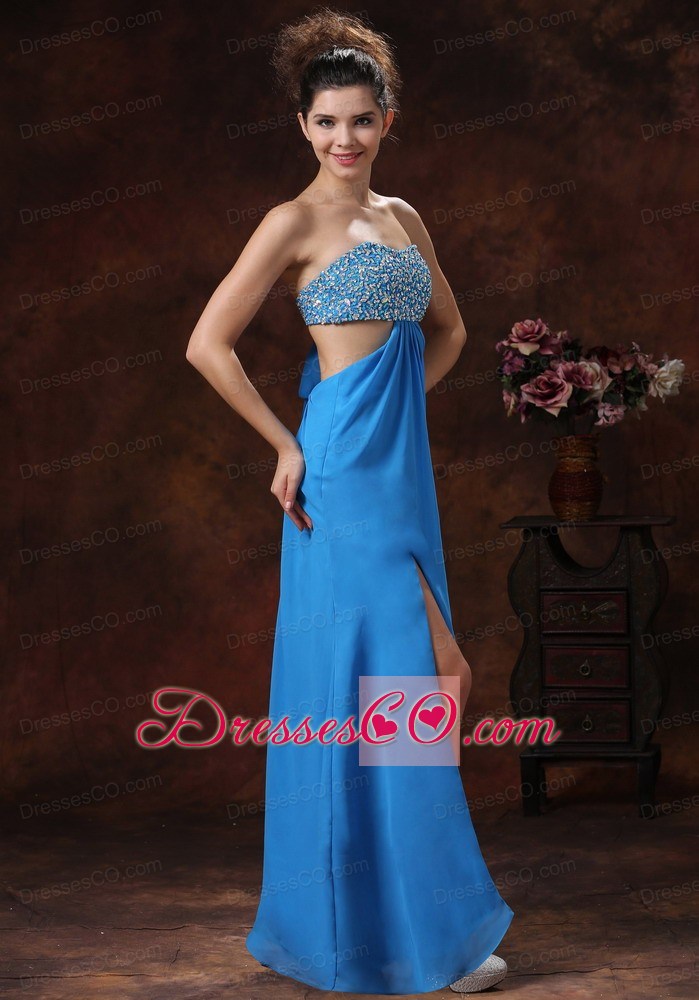 Teal Beaded Decorate Bust Stylish Evening Dress With Strapless Chiffon