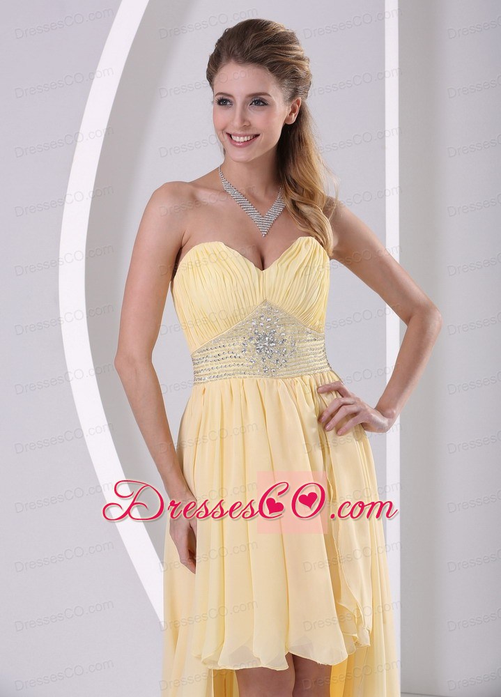 High-low Beaded Light Yellow Chiffon Detachable Prom / Homecoming Dress For Customer Made
