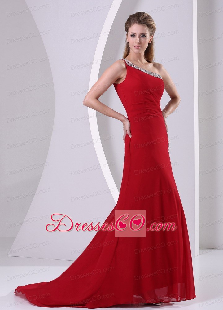 Wine Red High Slit Beaded Decorate One Shoulder and Hip Column Chiffon Prom / Evening Dress For Formal Evening Brush Train