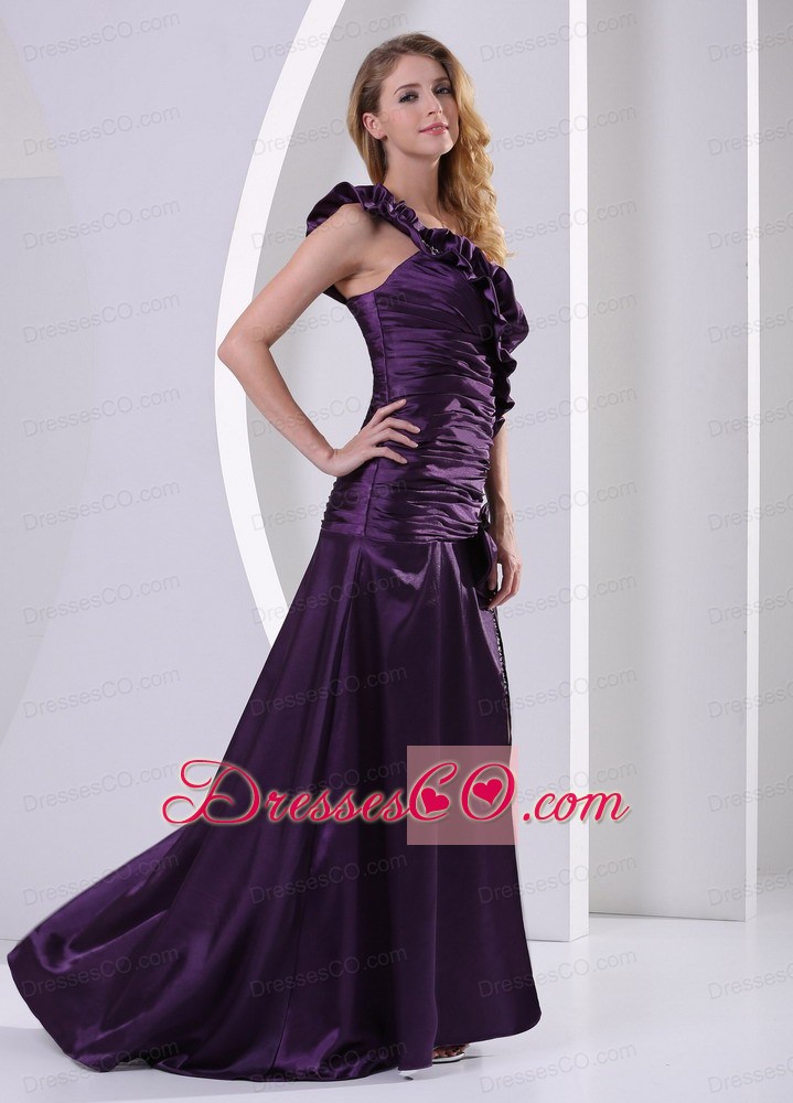 Dark Purple High Slit One Shoulder Ruched Bodice and Bead Decorate Celebrity Dress Party Style