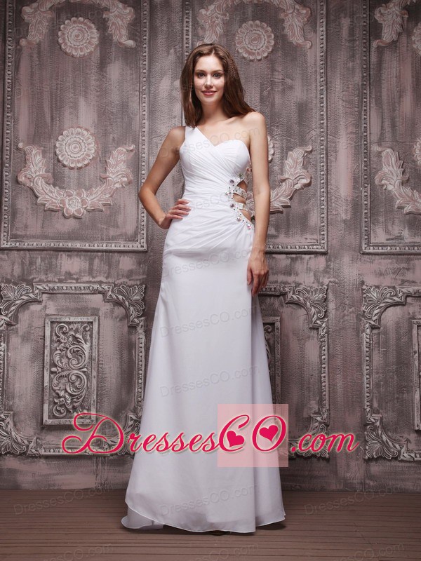 Sexy White Empire One Shoulder Prom / Evening Dress Chiffon Ruching and Beading