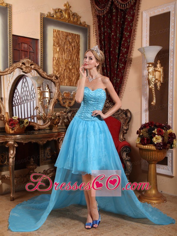 Aqua Blue A-line High-low Taffeta and Organza Beading Prom Dress
