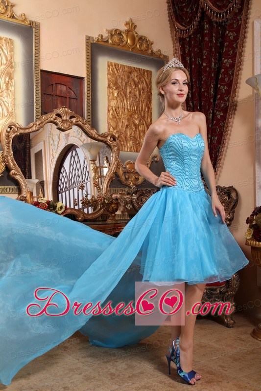 Aqua Blue A-line High-low Taffeta and Organza Beading Prom Dress