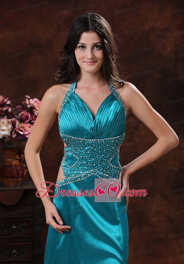 Turquoise High Slit Halter Brush Train Prom Dress With Beaded Decorate
