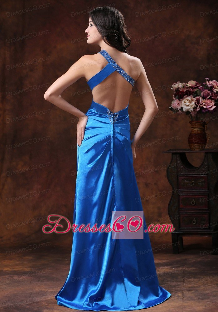 Sky Blue High Slit One Shoulder Prom Dress With Beaded Decorate Waist On Elastic Woven Satin