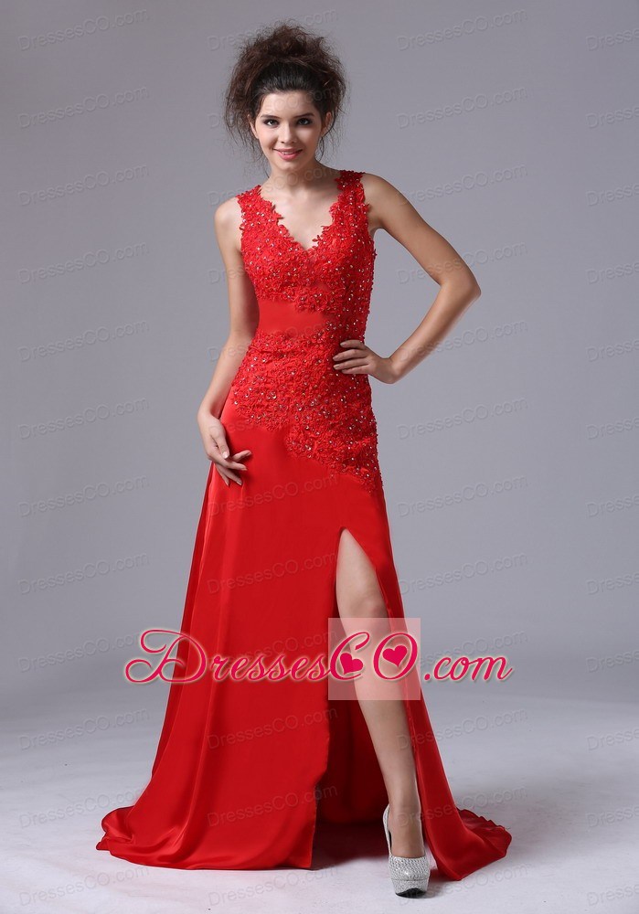 Chiffon Beading Brush/Sweep V-neck Red Prom Celebrity Dress