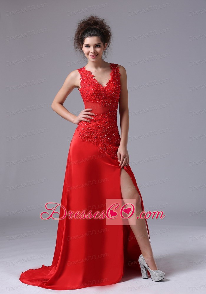 Chiffon Beading Brush/Sweep V-neck Red Prom Celebrity Dress
