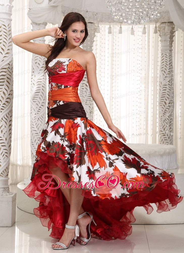 Colorful A-line Strapless High-low Organza and Printing Beading Prom Dress