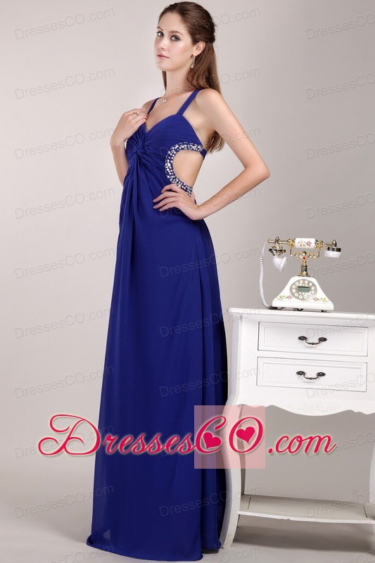 Blue Empire Straps Long Chiffon Beading Prom / Evening Dress
